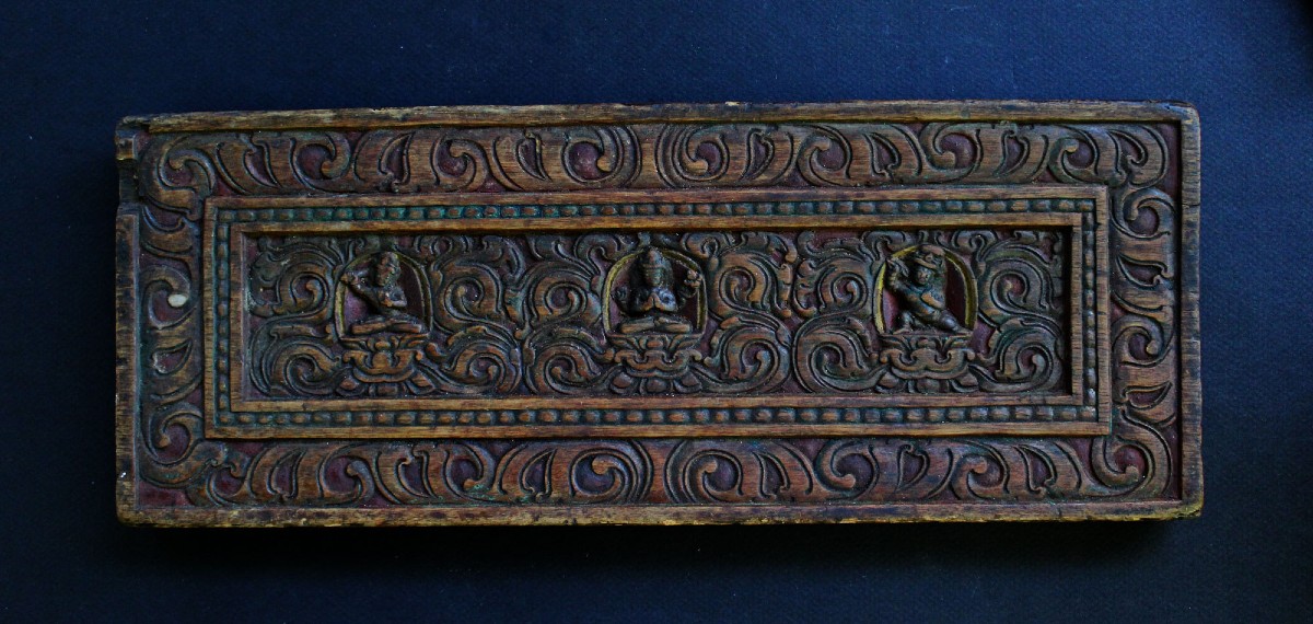 Antique Carved Wooden Buddhist Sutra Manuscript Cover – Tibetan Monastery