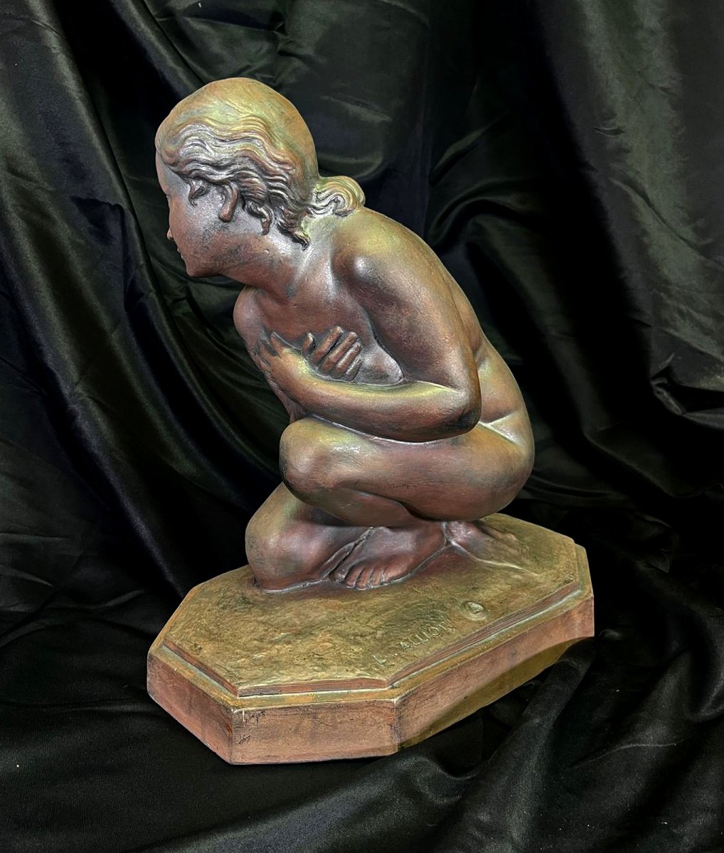 Lucien Alliot – « Frileuse » fille nue Terre cuite patinée, signée – Art Déco -photo-2