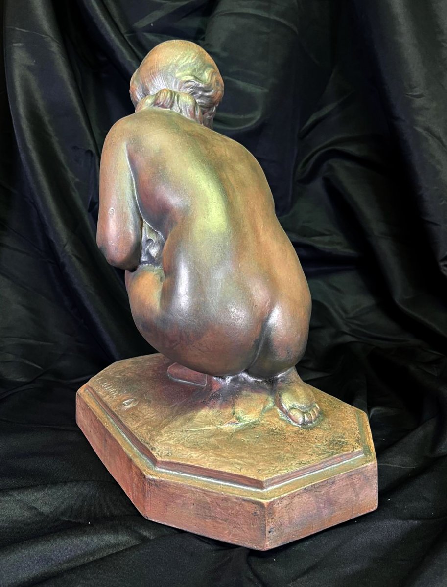 Lucien Alliot – « Frileuse » fille nue Terre cuite patinée, signée – Art Déco -photo-4