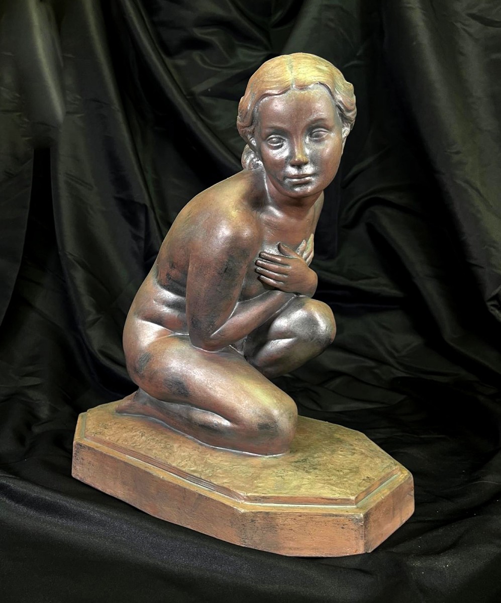 Lucien Alliot – « Frileuse » fille nue Terre cuite patinée, signée – Art Déco 