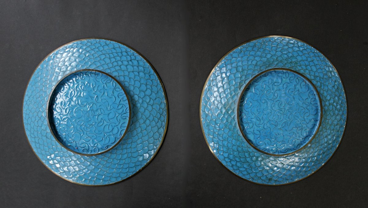 Pair Antique Japanese Cloisonné Chargers Dragons – Meiji Period-photo-4