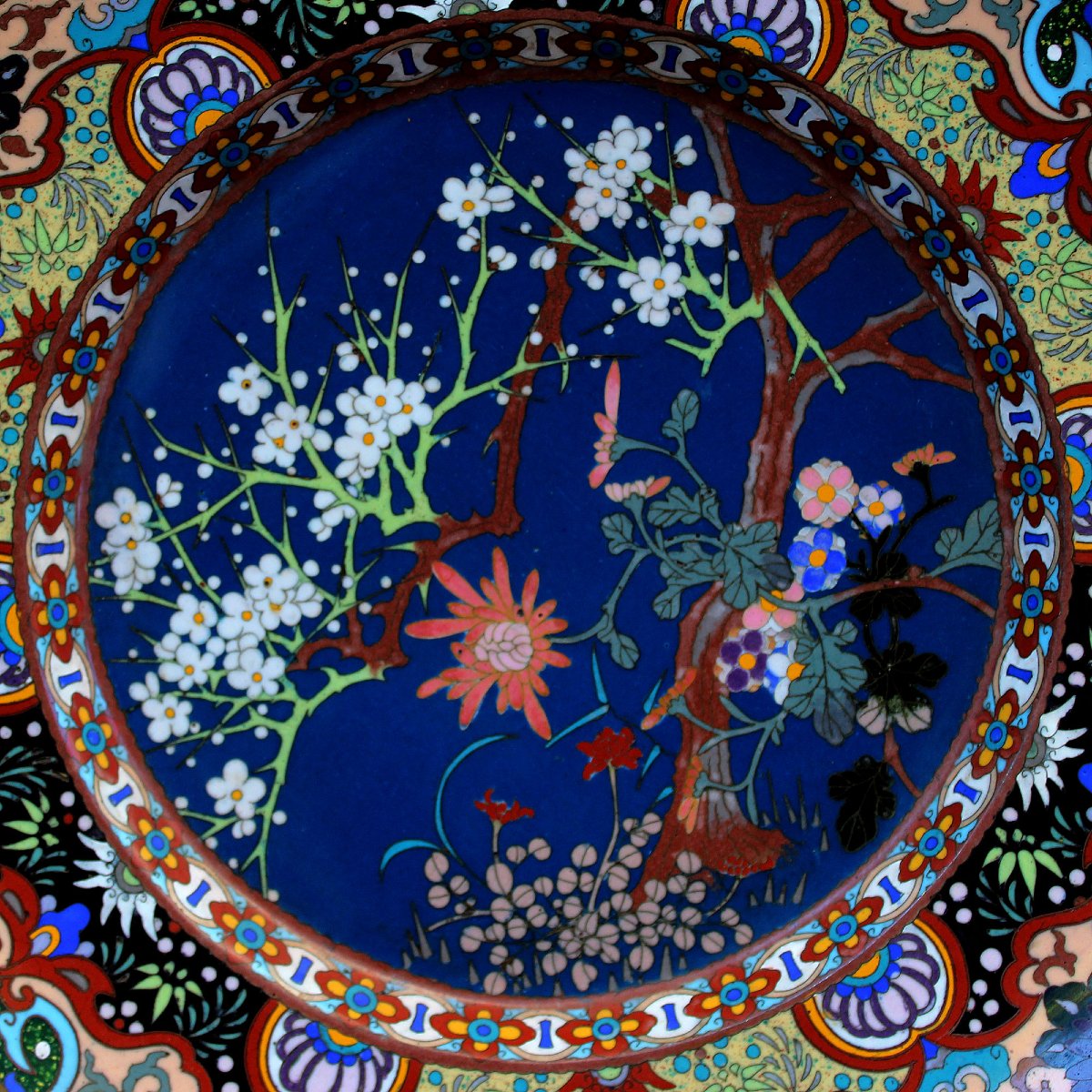 Paire de Plats Japonais en Émail Cloisonné à Décor Floral, Époque Meiji, XIXe Siècle-photo-2