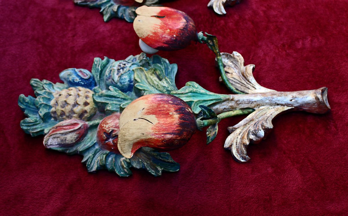 Paire d’Appliques Italiennes en Bois Sculpté et Peint, Milieu du XXe Siècle-photo-3