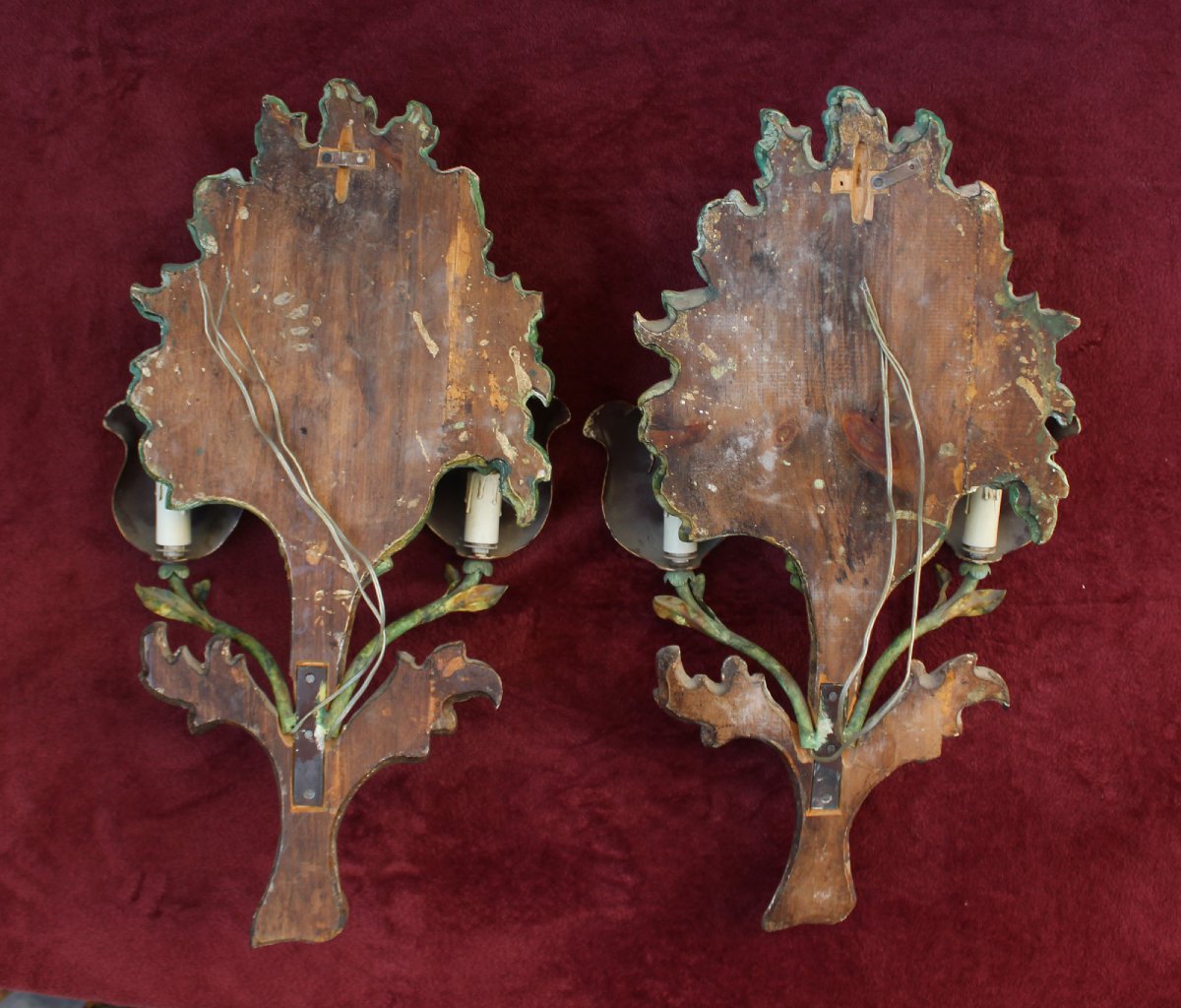 Paire d’Appliques Italiennes en Bois Sculpté et Peint, Milieu du XXe Siècle-photo-1