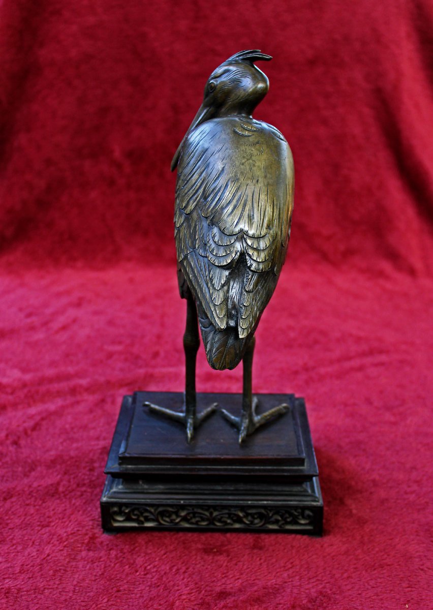 Antique Japanese Mixed Metal Bronze Heron Signed Yoshimi (芳美), Meiji Period, C19th-photo-2