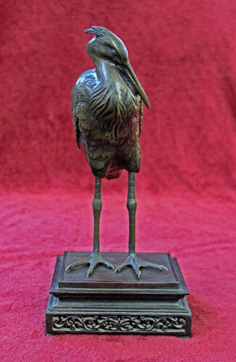 Antique Japanese Mixed Metal Bronze Heron Signed Yoshimi (芳美), Meiji Period, C19th-photo-4