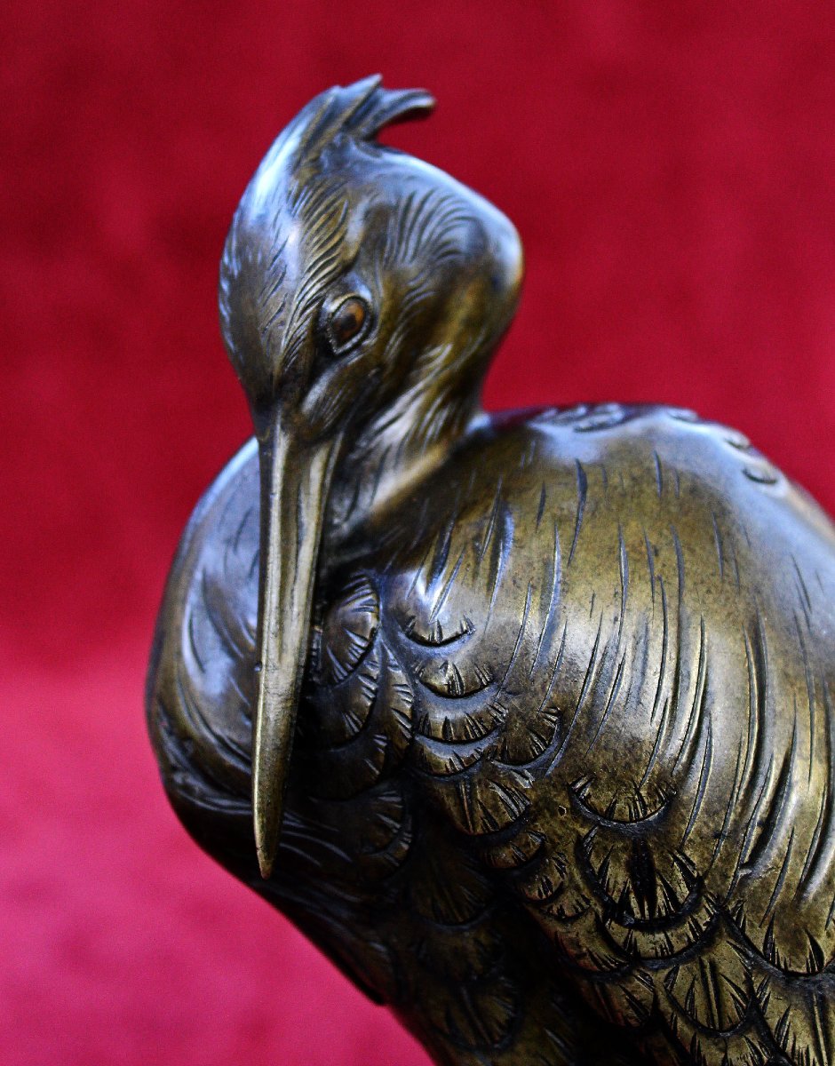 Antique Japanese Mixed Metal Bronze Heron Signed Yoshimi (芳美), Meiji Period, C19th-photo-1