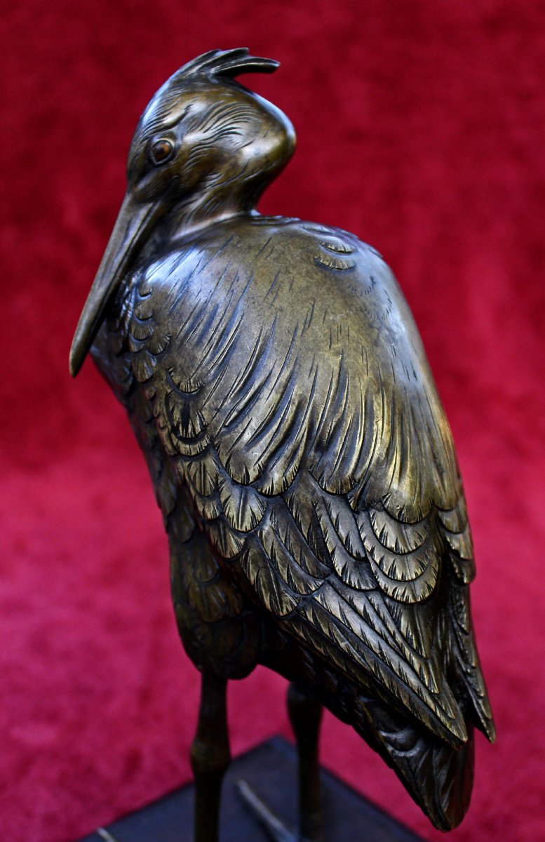 Antique Japanese Mixed Metal Bronze Heron Signed Yoshimi (芳美), Meiji Period, C19th-photo-4