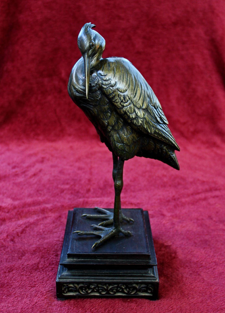 Antique Japanese Mixed Metal Bronze Heron Signed Yoshimi (芳美), Meiji Period, C19th