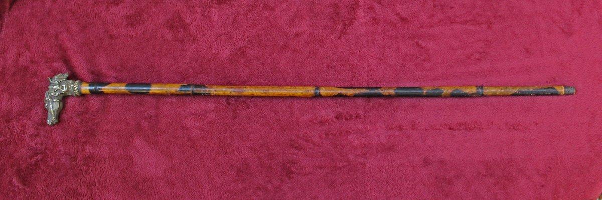 Antique Bronze Dog & Horse Head Walking Cane, Fox Hunting Theme, C19th-photo-2
