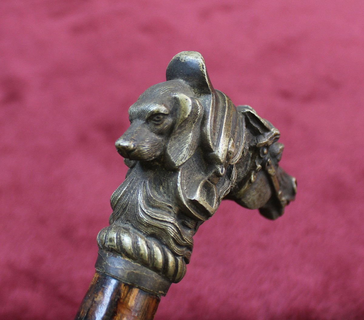 Antique Bronze Dog & Horse Head Walking Cane, Fox Hunting Theme, C19th-photo-3