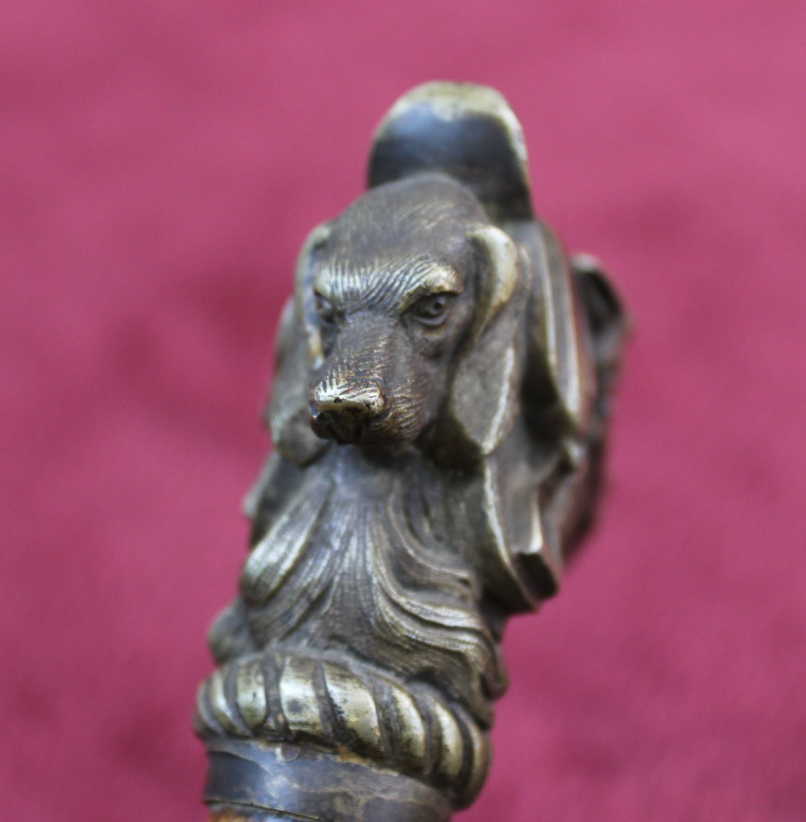 Antique Bronze Dog & Horse Head Walking Cane, Fox Hunting Theme, C19th-photo-5