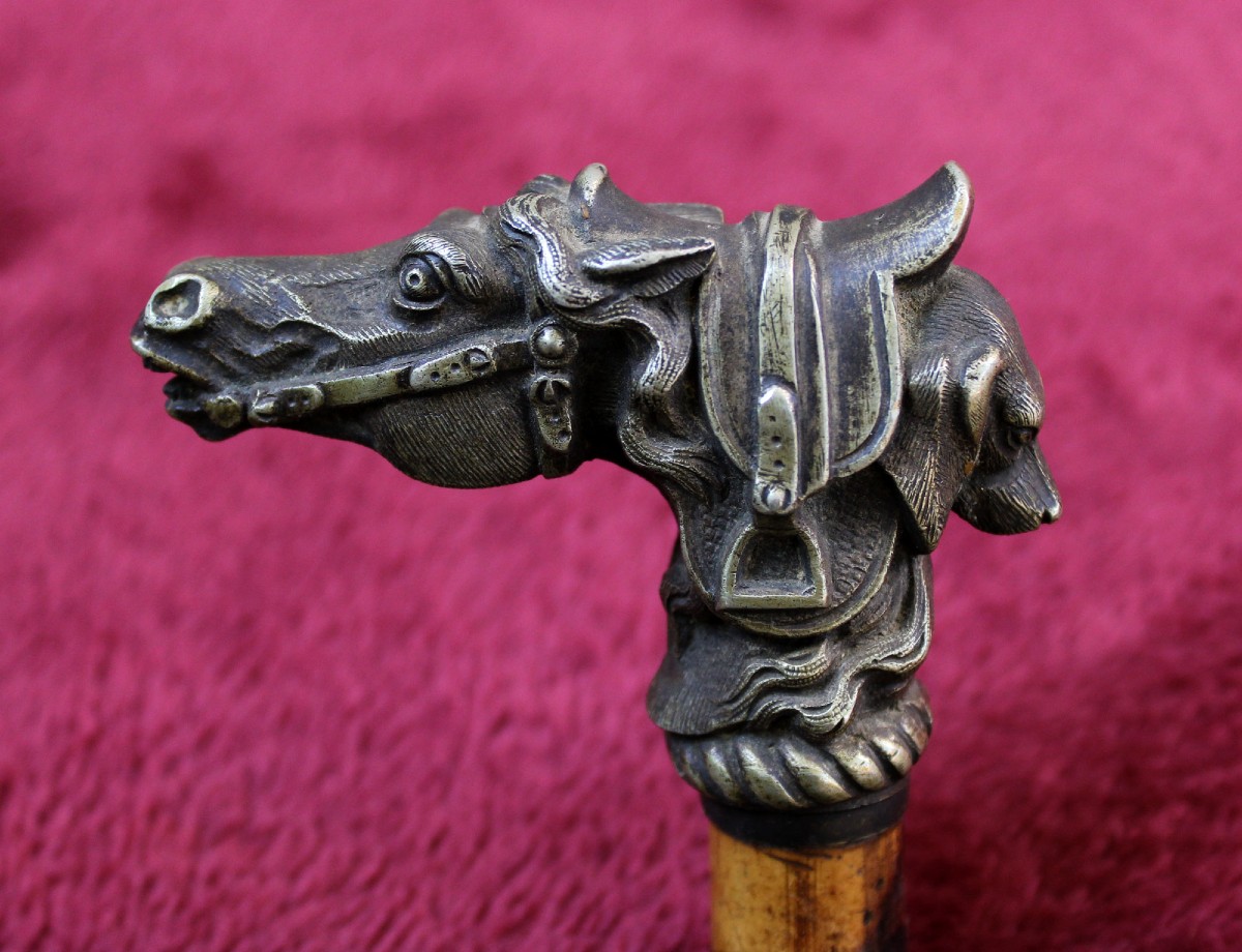 Antique Bronze Dog & Horse Head Walking Cane, Fox Hunting Theme, C19th