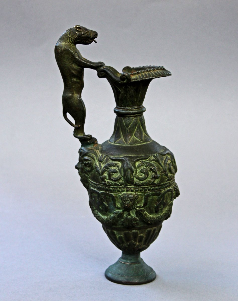 Oenochoé Italienne en Bronze de Style Étrusque à Anse en Forme de Panthère, XIXe Siècle-photo-3