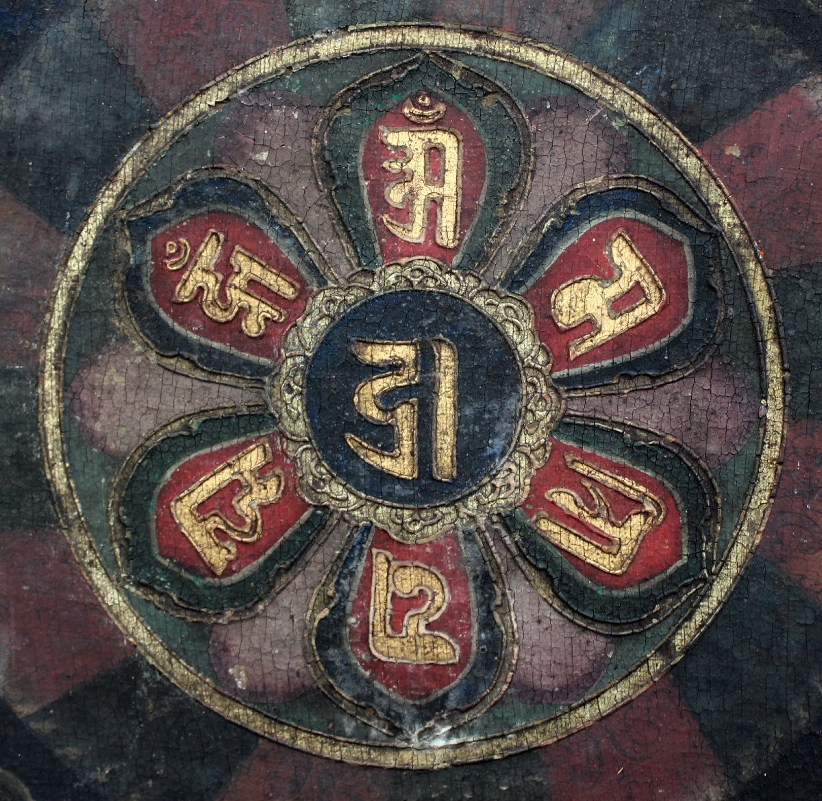 Panneau Tibétain Ancien en Bois Peint à Mandala Om Mani Padme Hum, Temple Bouddhiste, Ming-photo-2