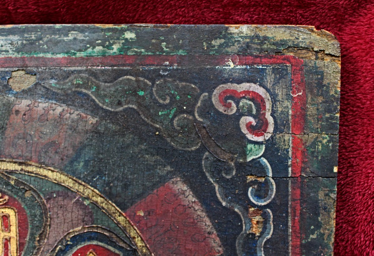 Panneau Tibétain Ancien en Bois Peint à Mandala Om Mani Padme Hum, Temple Bouddhiste, Ming-photo-3