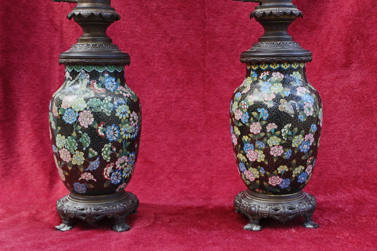 Paire de Lampes à Huile Anciennes en Cloisonné Chinois avec Globes d’Origine, XIXe Siècle-photo-4
