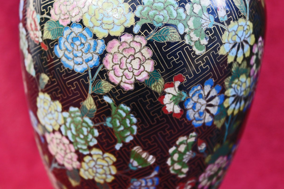 Paire de Lampes à Huile Anciennes en Cloisonné Chinois avec Globes d’Origine, XIXe Siècle-photo-3