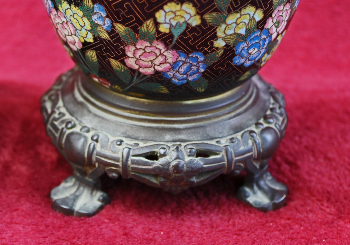 Paire de Lampes à Huile Anciennes en Cloisonné Chinois avec Globes d’Origine, XIXe Siècle-photo-4