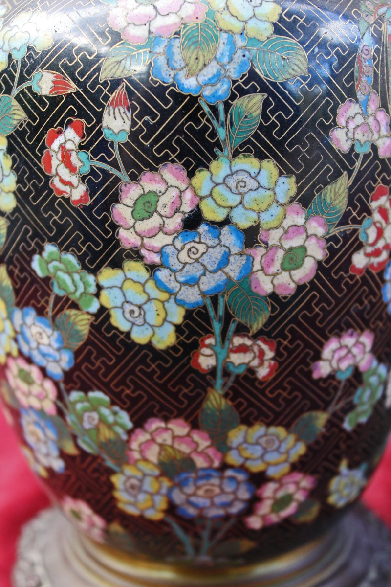 Paire de Lampes à Huile Anciennes en Cloisonné Chinois avec Globes d’Origine, XIXe Siècle-photo-5