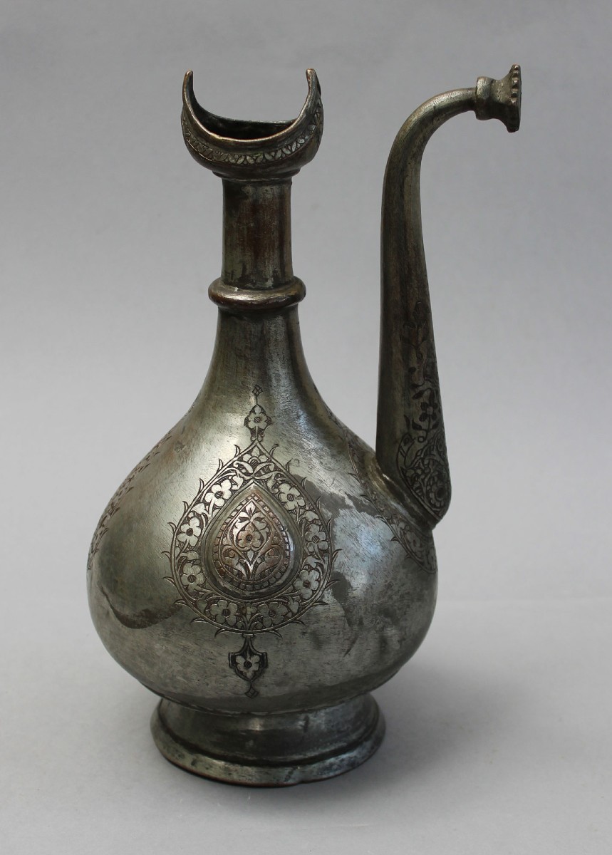 Antique Indian Deccan Tinned Copper Ewer (aftaba), 18th -19th Century Mughal
