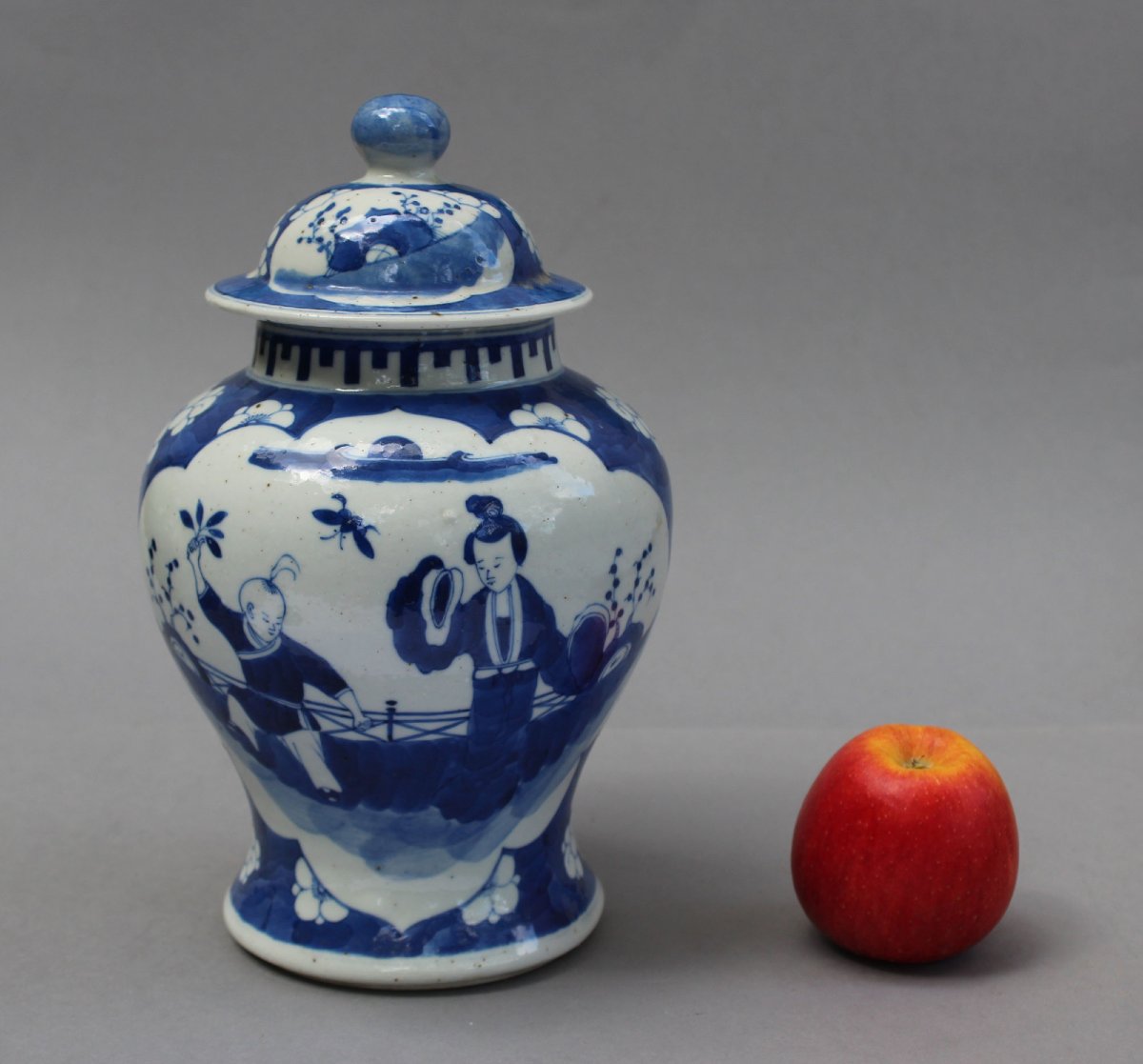 Antique Chinese Blue & White Porcelain Covered Jar, Boys & Prunus On Cracked Ice Ground, C19th-photo-2