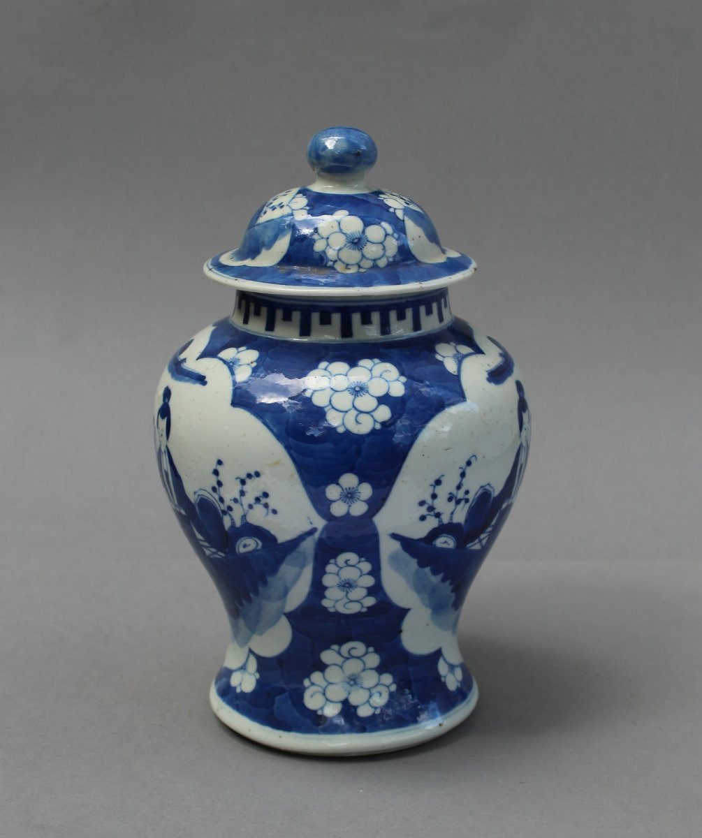 Antique Chinese Blue & White Porcelain Covered Jar, Boys & Prunus On Cracked Ice Ground, C19th-photo-3