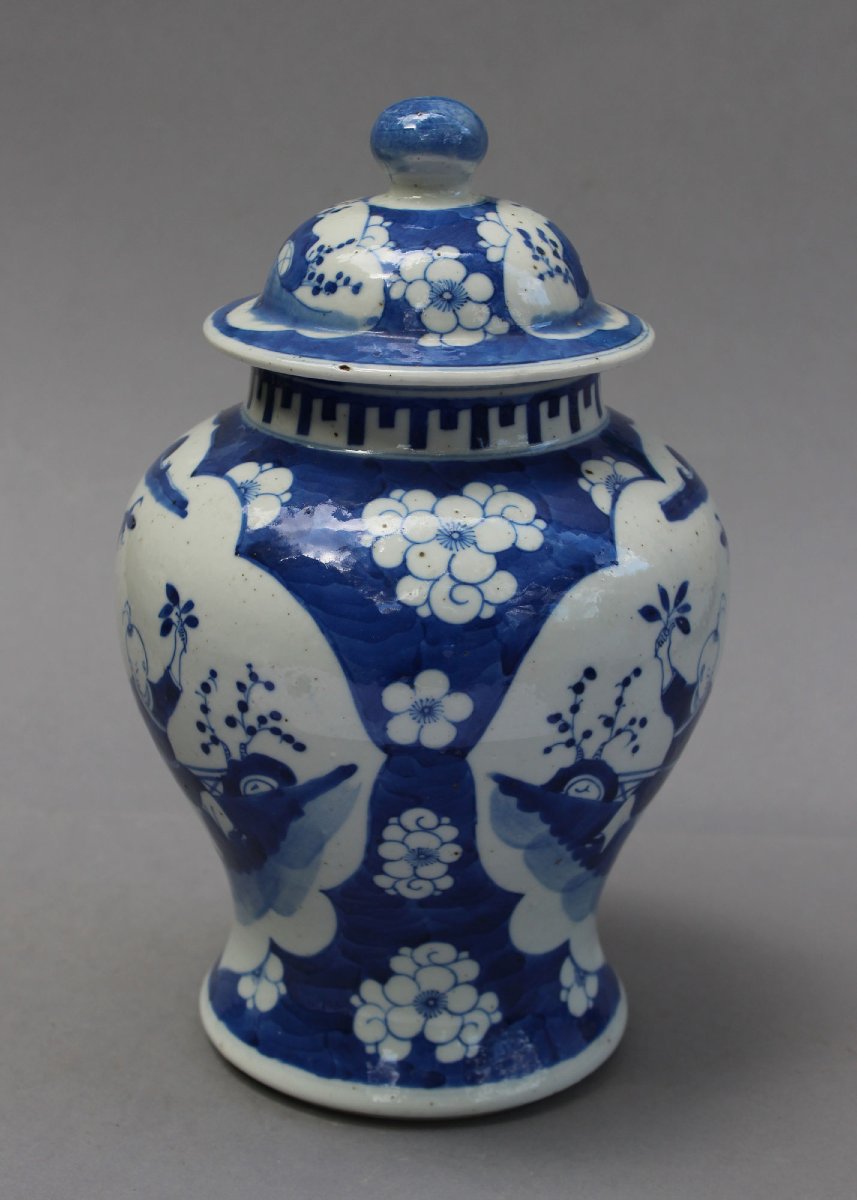 Antique Chinese Blue & White Porcelain Covered Jar, Boys & Prunus On Cracked Ice Ground, C19th-photo-4