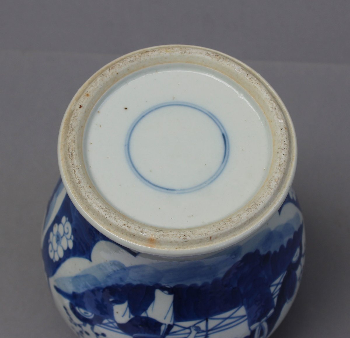 Antique Chinese Blue & White Porcelain Covered Jar, Boys & Prunus On Cracked Ice Ground, C19th-photo-2