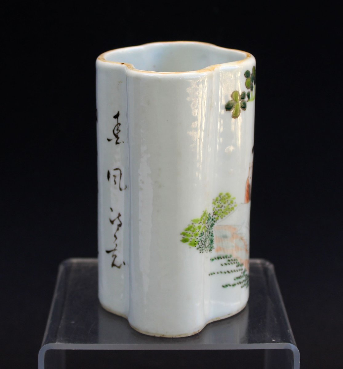 Antique Chinese Porcelain Lobed Brush Pot, Republic Period-photo-3