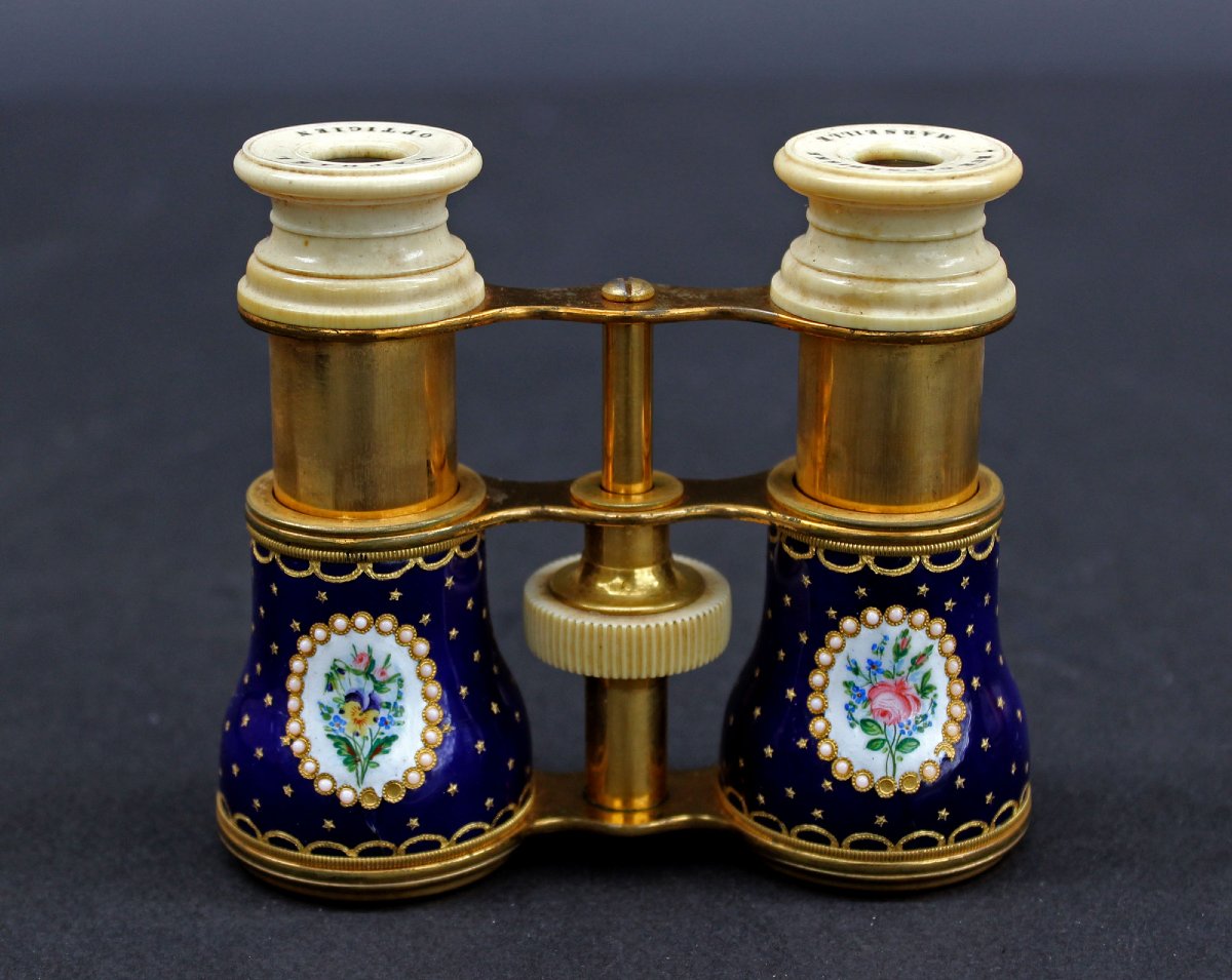 Antique French Enamel And Gilded Metal Opera Glasses, Raphaël Opticien Marseille, C19th-photo-4