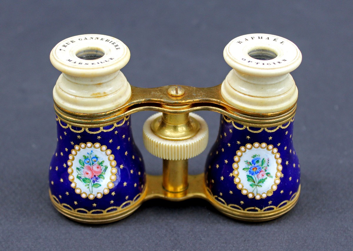 Antique French Enamel And Gilded Metal Opera Glasses, Raphaël Opticien Marseille, C19th