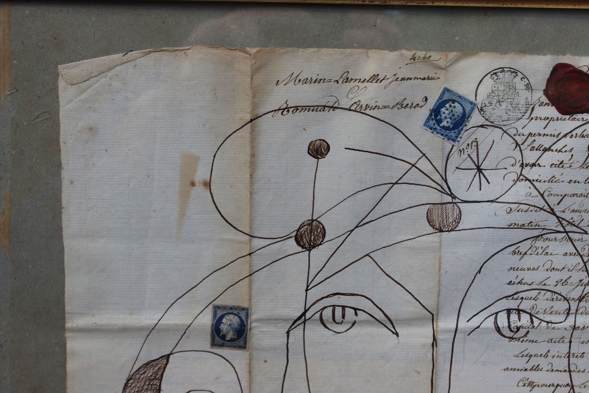 François Gangémi, Modernist Linear Drawing On 19th-c Manuscript With Stamps, C20th-photo-3