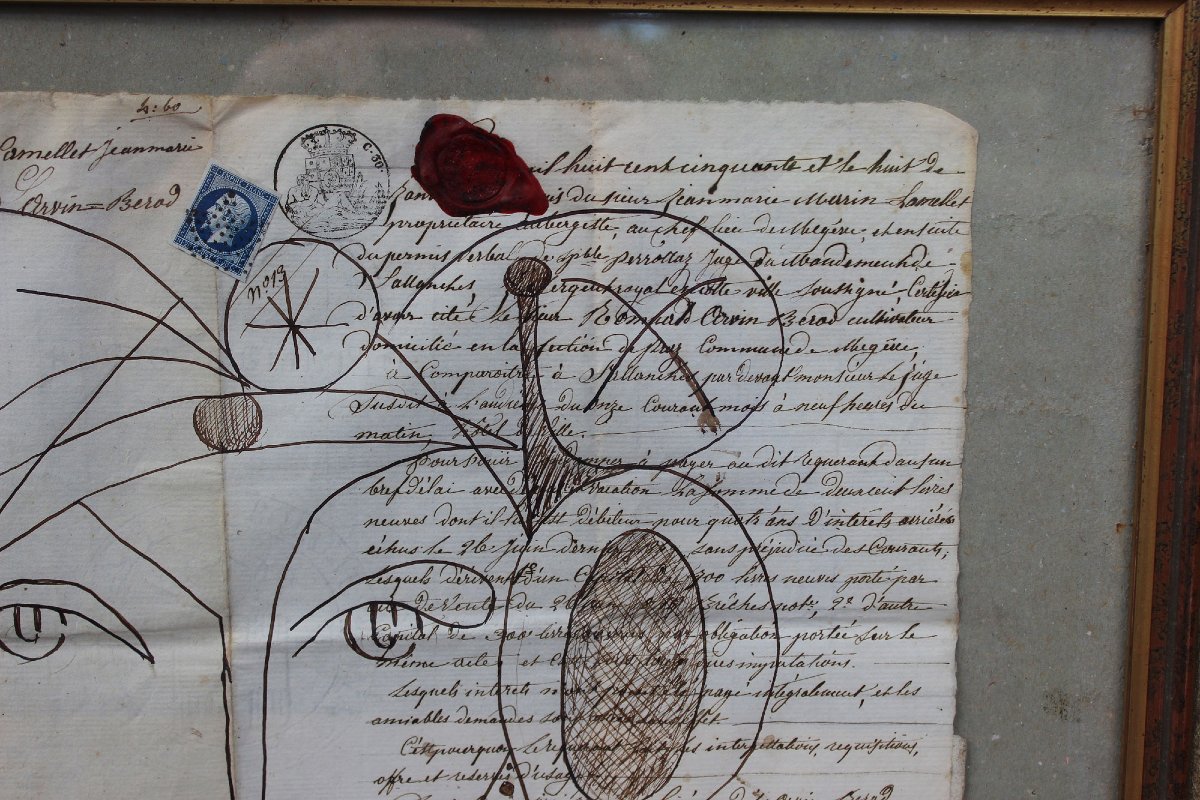 François Gangémi, Modernist Linear Drawing On 19th-c Manuscript With Stamps, C20th-photo-4
