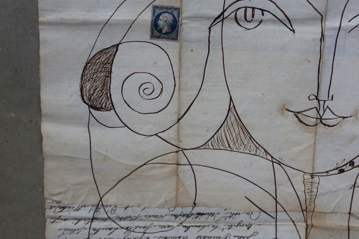 François Gangémi, Modernist Linear Drawing On 19th-c Manuscript With Stamps, C20th-photo-2