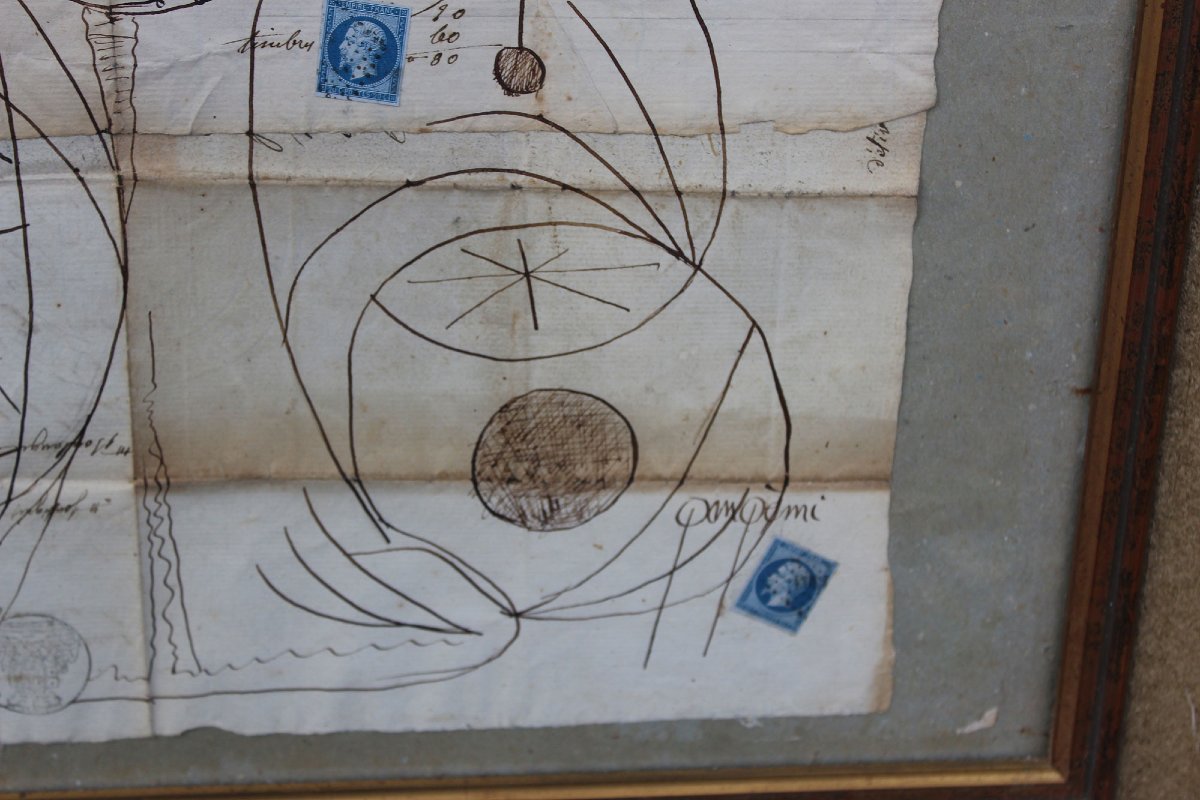 François Gangémi, Modernist Linear Drawing On 19th-c Manuscript With Stamps, C20th-photo-4