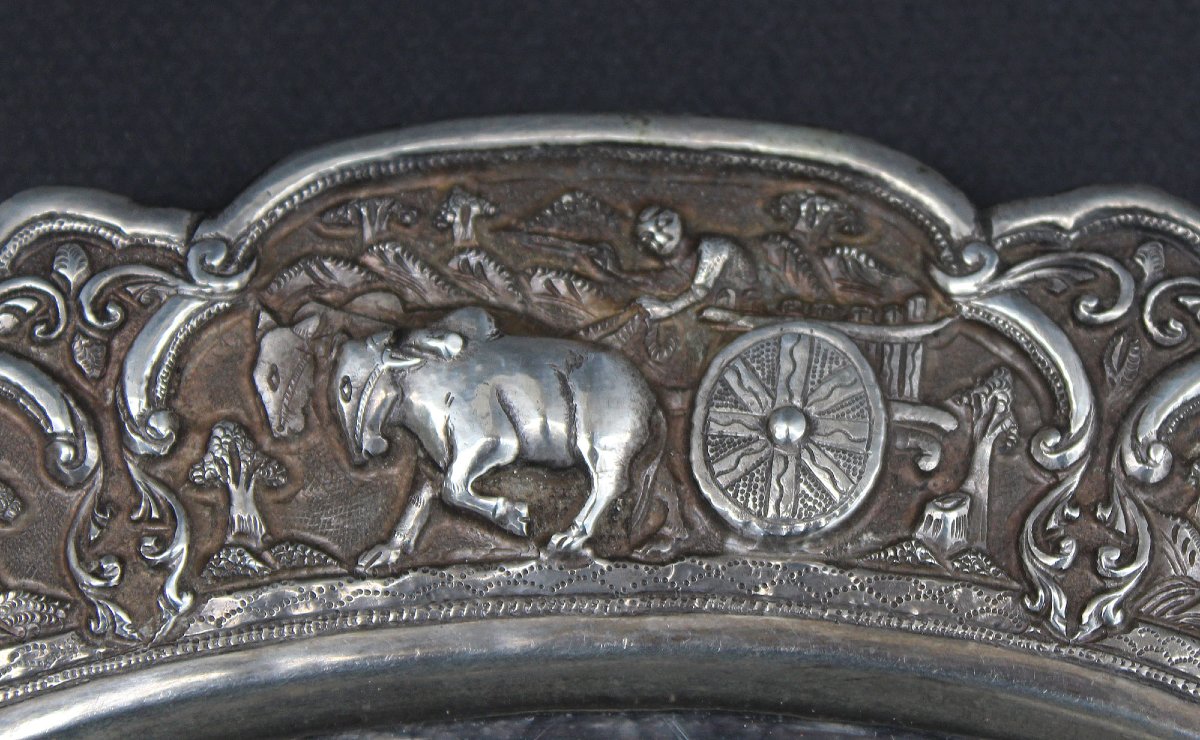 Antique Burmese Repoussé Silver Tray Myanmar Elephants-photo-2