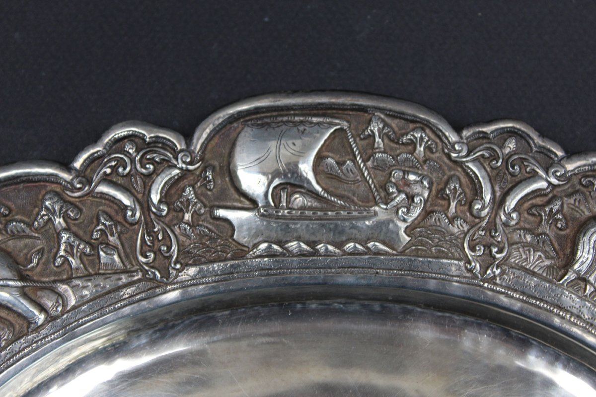 Antique Burmese Repoussé Silver Tray Myanmar Elephants-photo-3