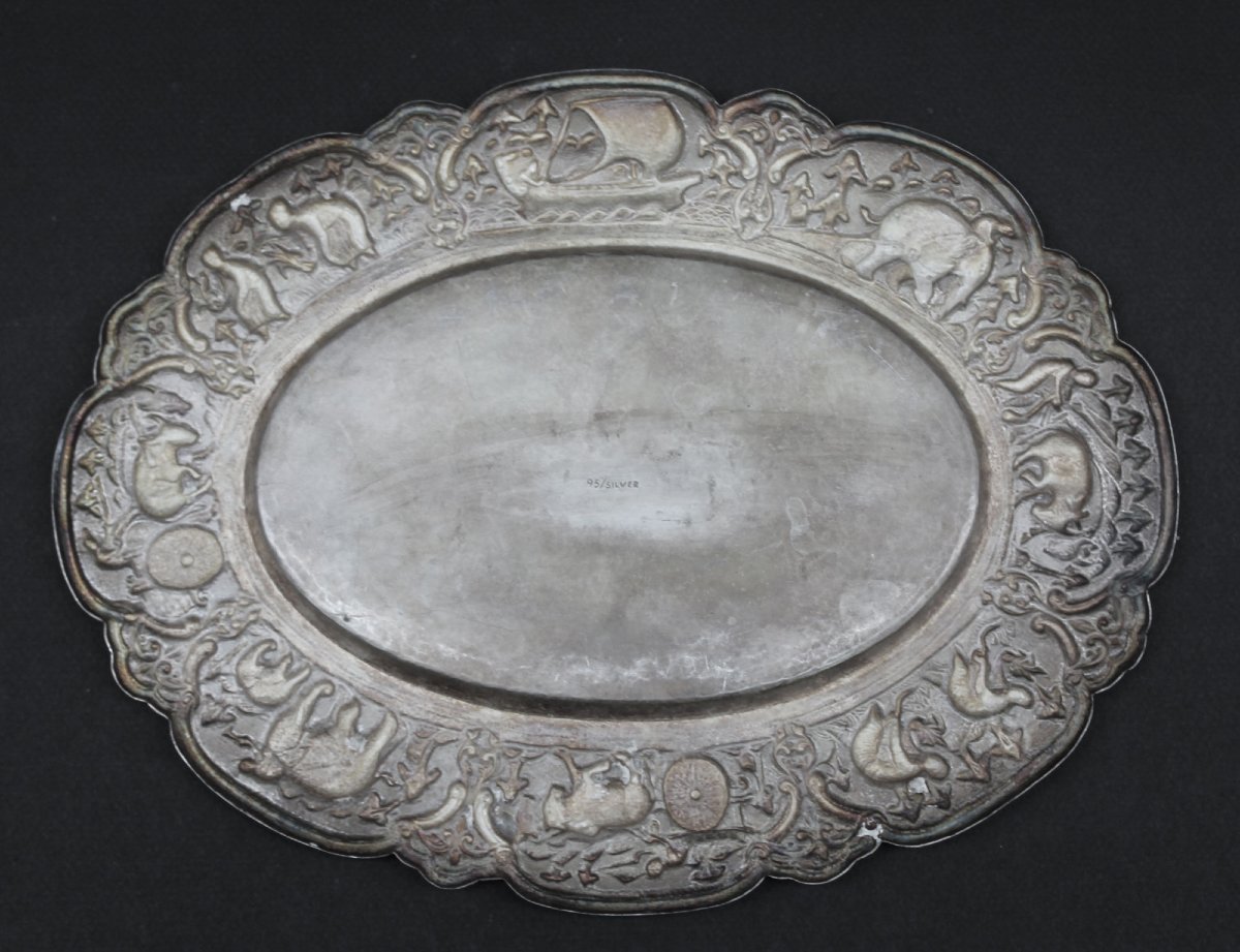 Antique Burmese Repoussé Silver Tray Myanmar Elephants-photo-1