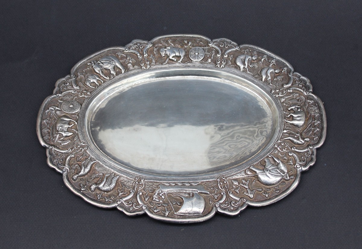 Antique Burmese Repoussé Silver Tray Myanmar Elephants