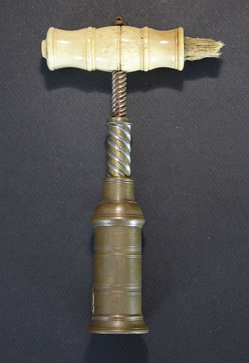 Victorian English Brass-barrel Corkscrew With Bone Handle & Brush, C19th-photo-3