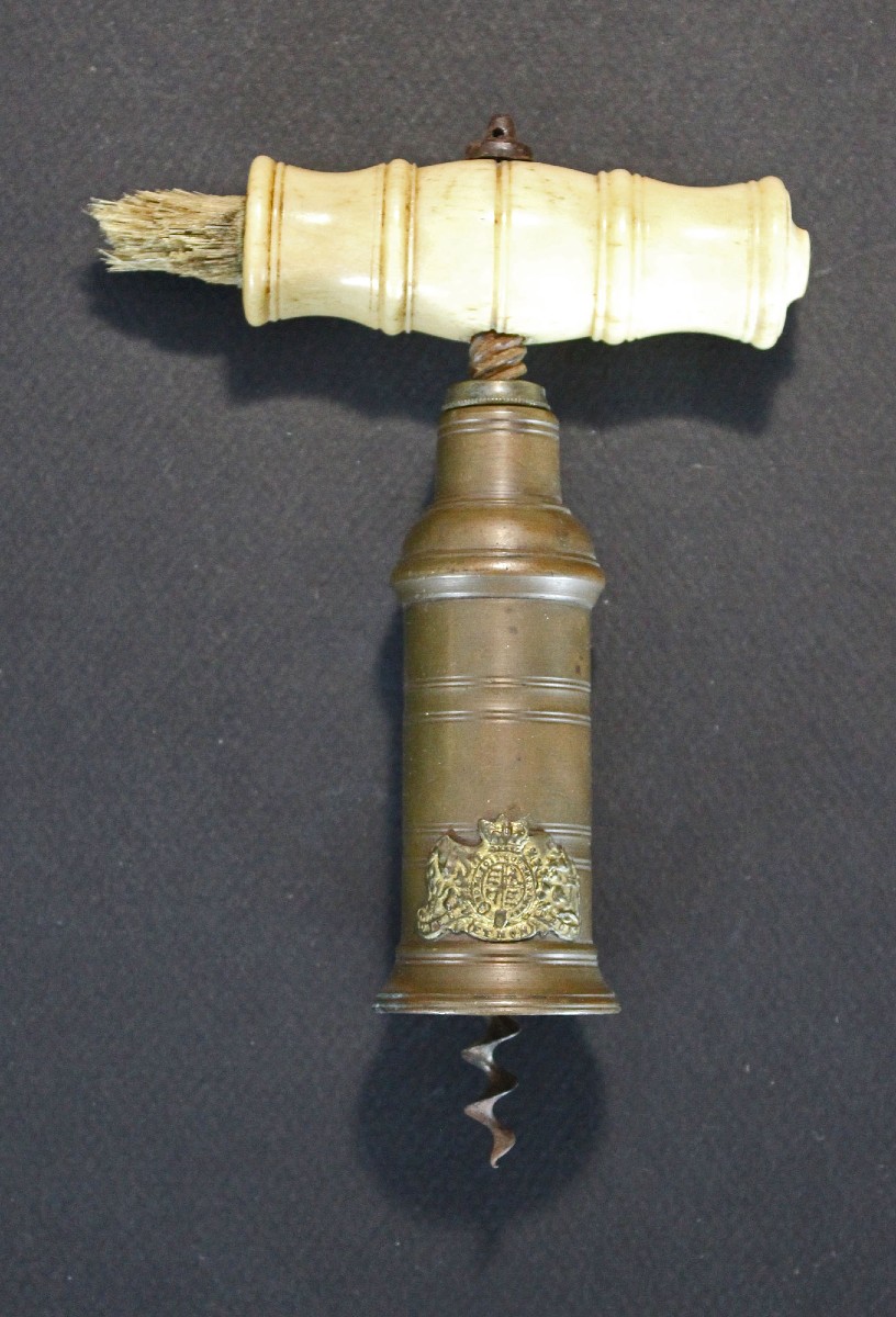 Victorian English Brass-barrel Corkscrew With Bone Handle & Brush, C19th