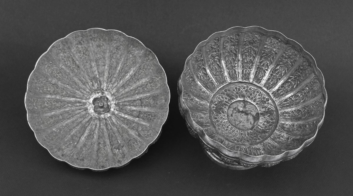 Cambodian Silver Ritual Offering Pedestal Bowl, Buddhist Temple Votive, C19th-photo-2