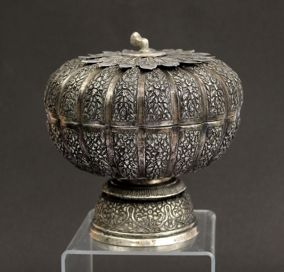 Cambodian Silver Ritual Offering Pedestal Bowl, Buddhist Temple Votive, C19th