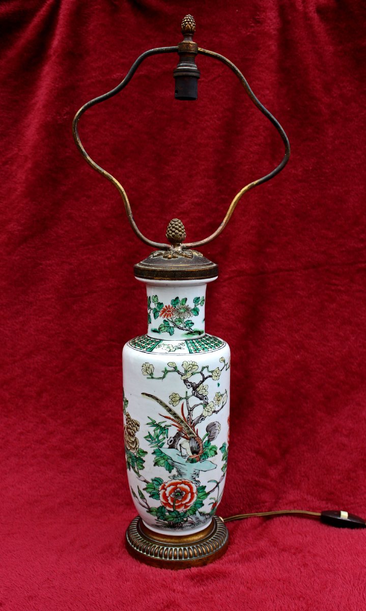 Vase Chinois Ancien Famille Verte Monté en Lampe, Oiseau et Pivoines, XIXe Siècle-photo-2