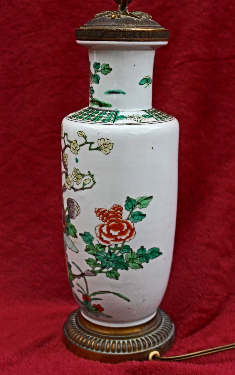Vase Chinois Ancien Famille Verte Monté en Lampe, Oiseau et Pivoines, XIXe Siècle-photo-3