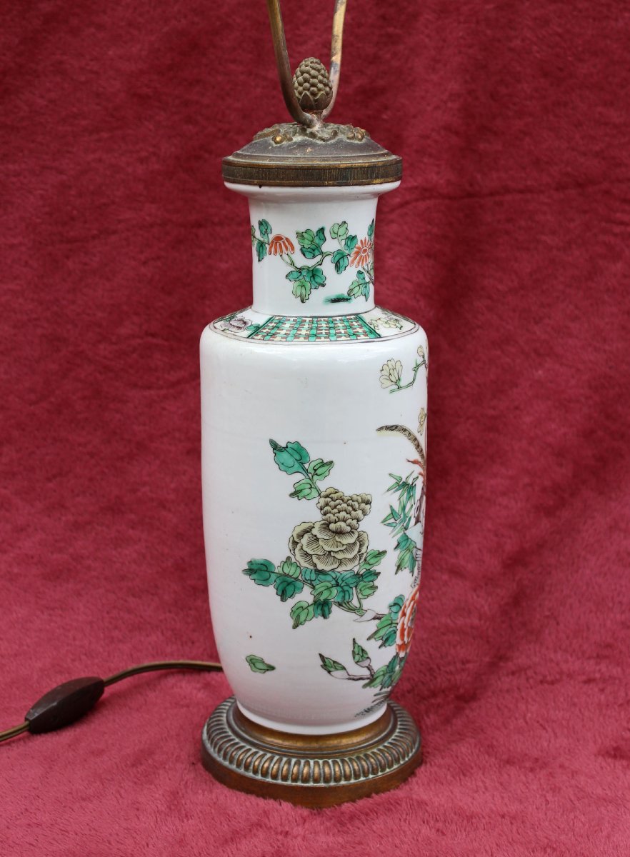 Vase Chinois Ancien Famille Verte Monté en Lampe, Oiseau et Pivoines, XIXe Siècle-photo-1