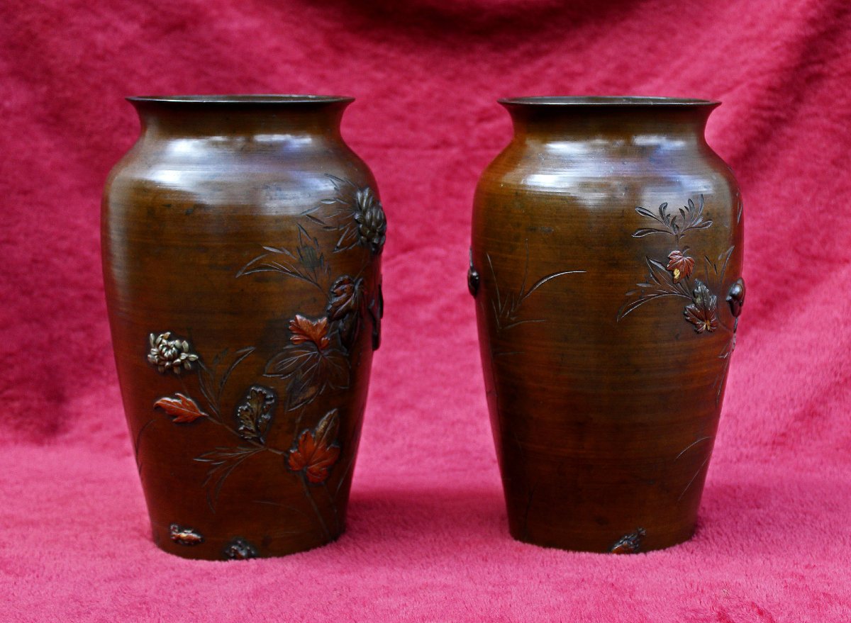 Pair Antique Japanese Meiji Bronze Vases With Mixed-metal Birds & Insects, 19th Century-photo-2