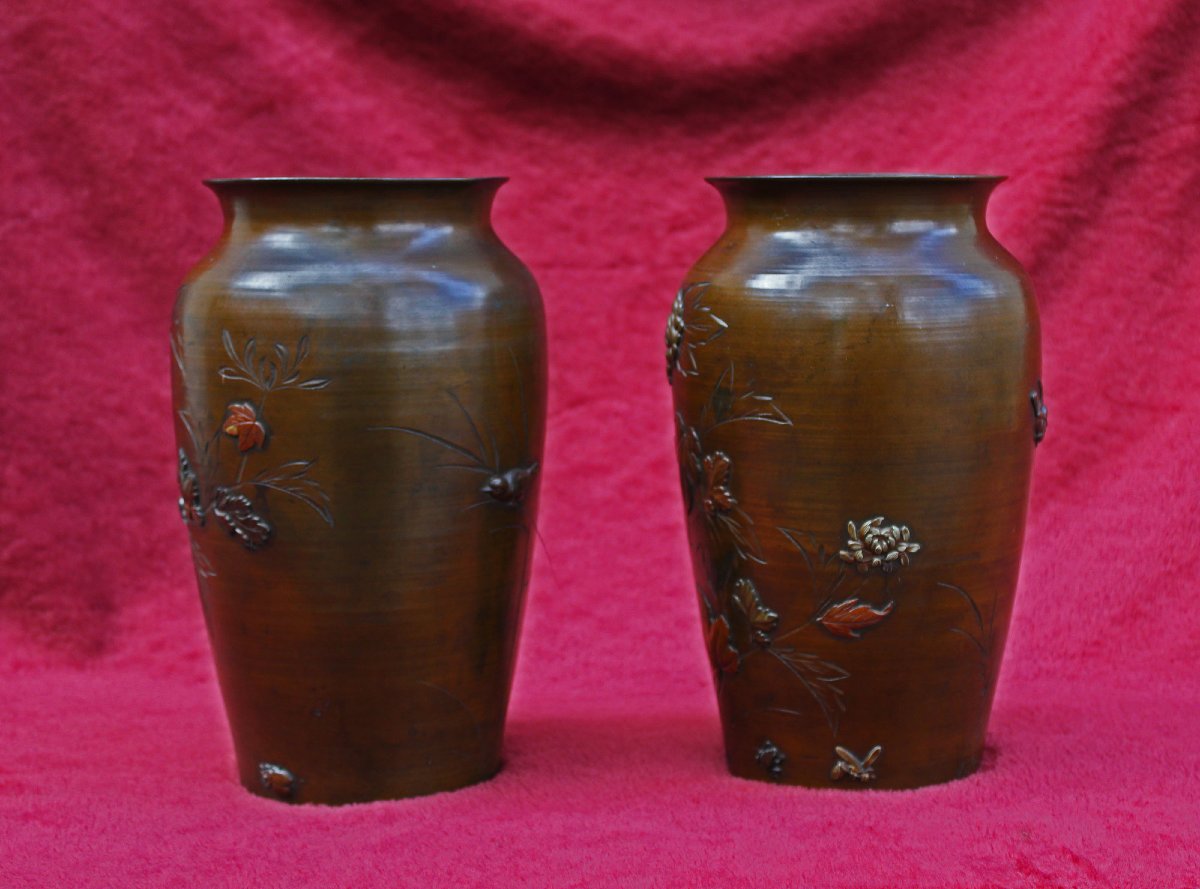 Pair Antique Japanese Meiji Bronze Vases With Mixed-metal Birds & Insects, 19th Century-photo-4