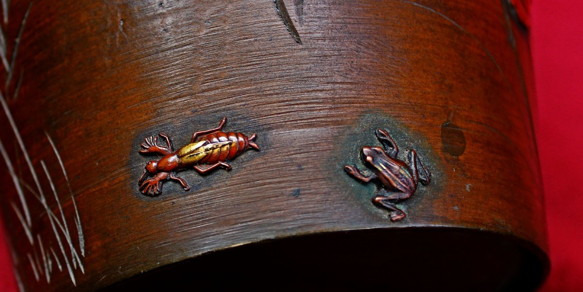 Pair Antique Japanese Meiji Bronze Vases With Mixed-metal Birds & Insects, 19th Century-photo-4
